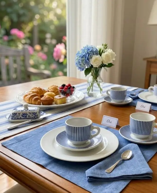 Mesa posta em branco e azul com xícaras e flores